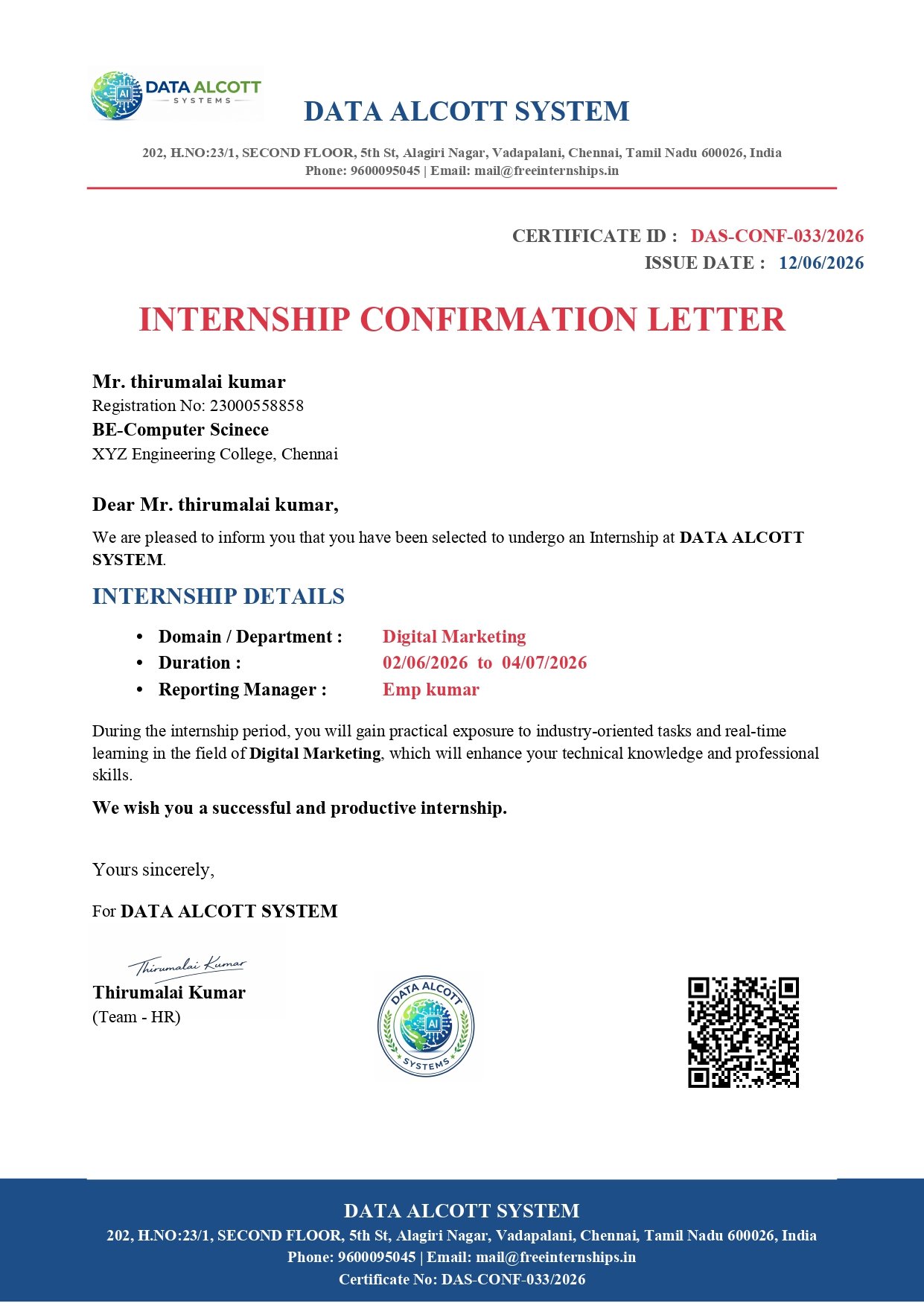 Free Internship Confirmation Certificate 2026 - Official document showing internship confirmation with student name and domain
